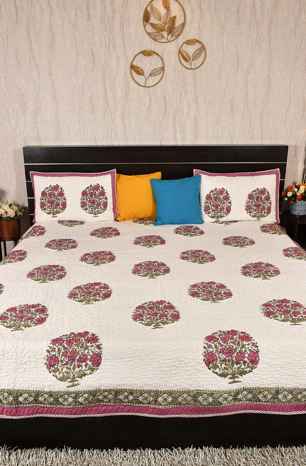White Floral Block Printed Cotton Double Bedcover - Naksheband