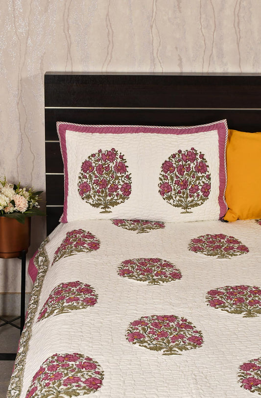 White Floral Block Printed Cotton Double Bedcover - Naksheband