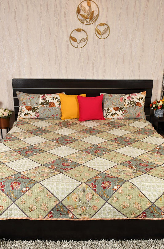 Off White Floral Block Printed Cotton Double Bedcover - Naksheband