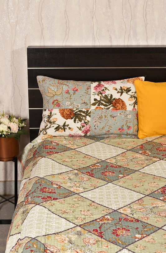 Off White Floral Block Printed Cotton Double Bedcover - Naksheband