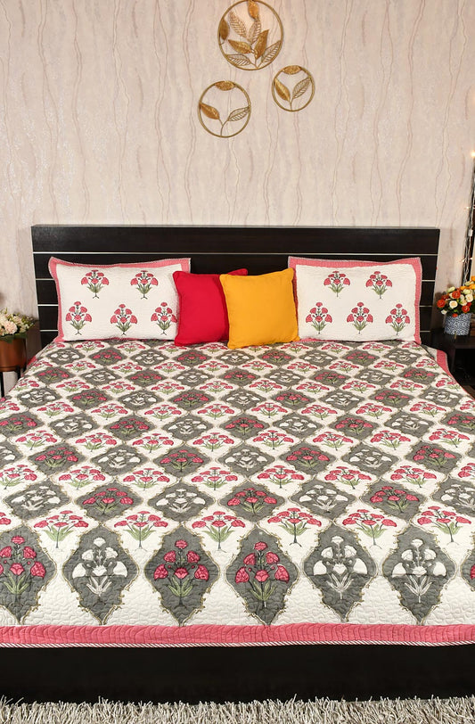 White Floral Block Printed Cotton Double Bedcover - Naksheband