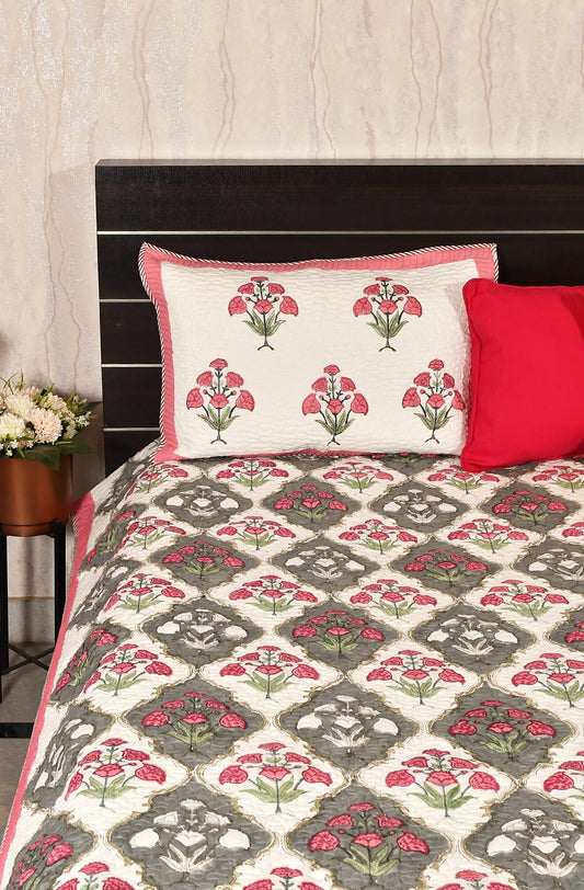 White Floral Block Printed Cotton Double Bedcover - Naksheband