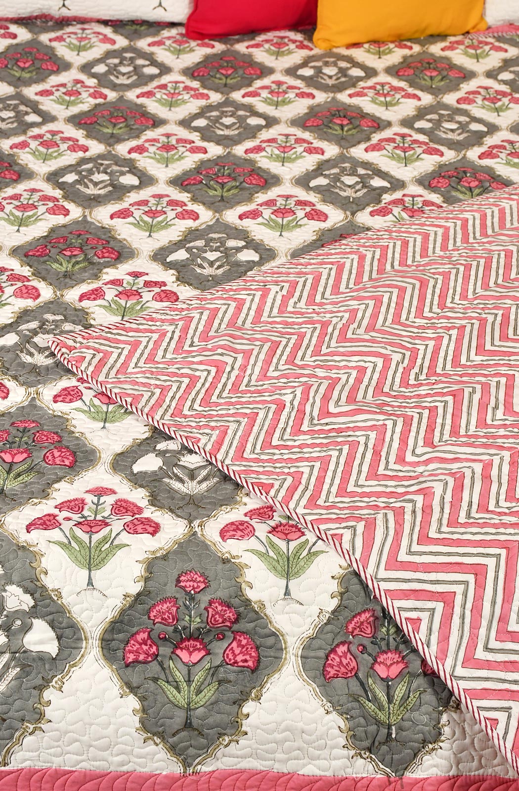 White Floral Block Printed Cotton Double Bedcover - Naksheband