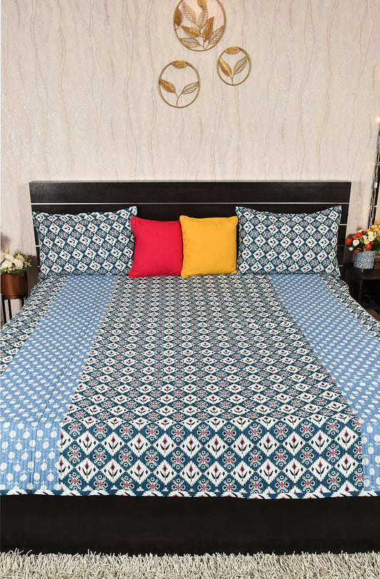 Blue Floral Block Printed Cotton Double Bedcover - Naksheband