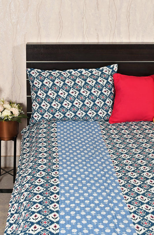 Blue Floral Block Printed Cotton Double Bedcover - Naksheband