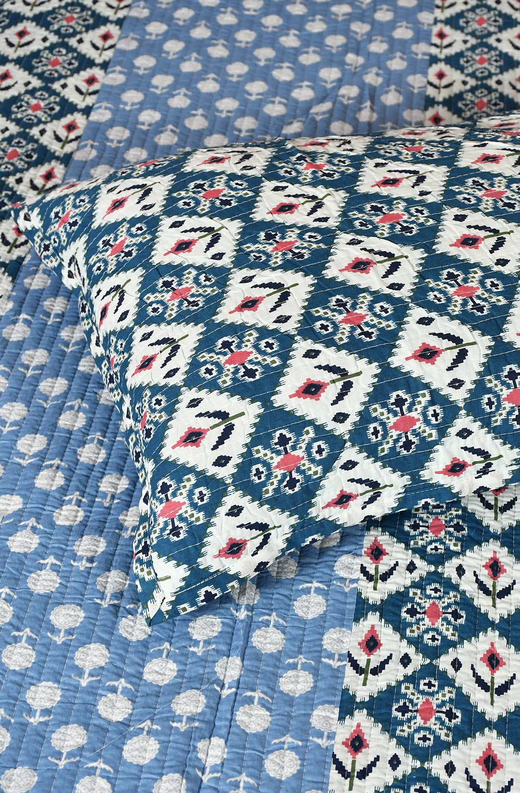 Blue Floral Block Printed Cotton Double Bedcover - Naksheband