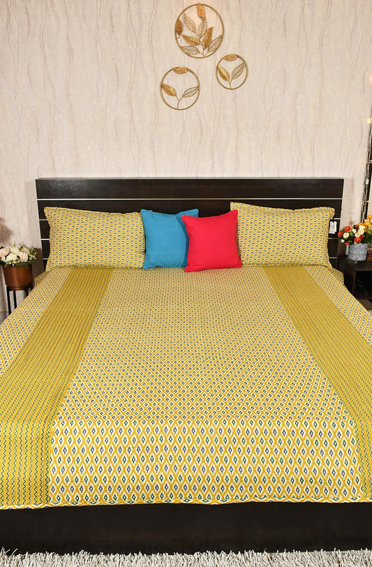 Yellow Floral Block Printed Cotton Double Bedcover - Naksheband
