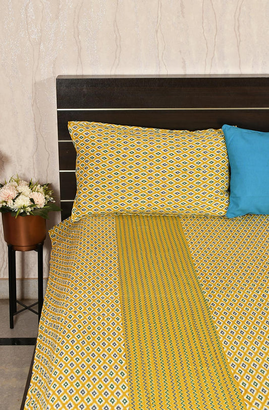 Yellow Floral Block Printed Cotton Double Bedcover - Naksheband