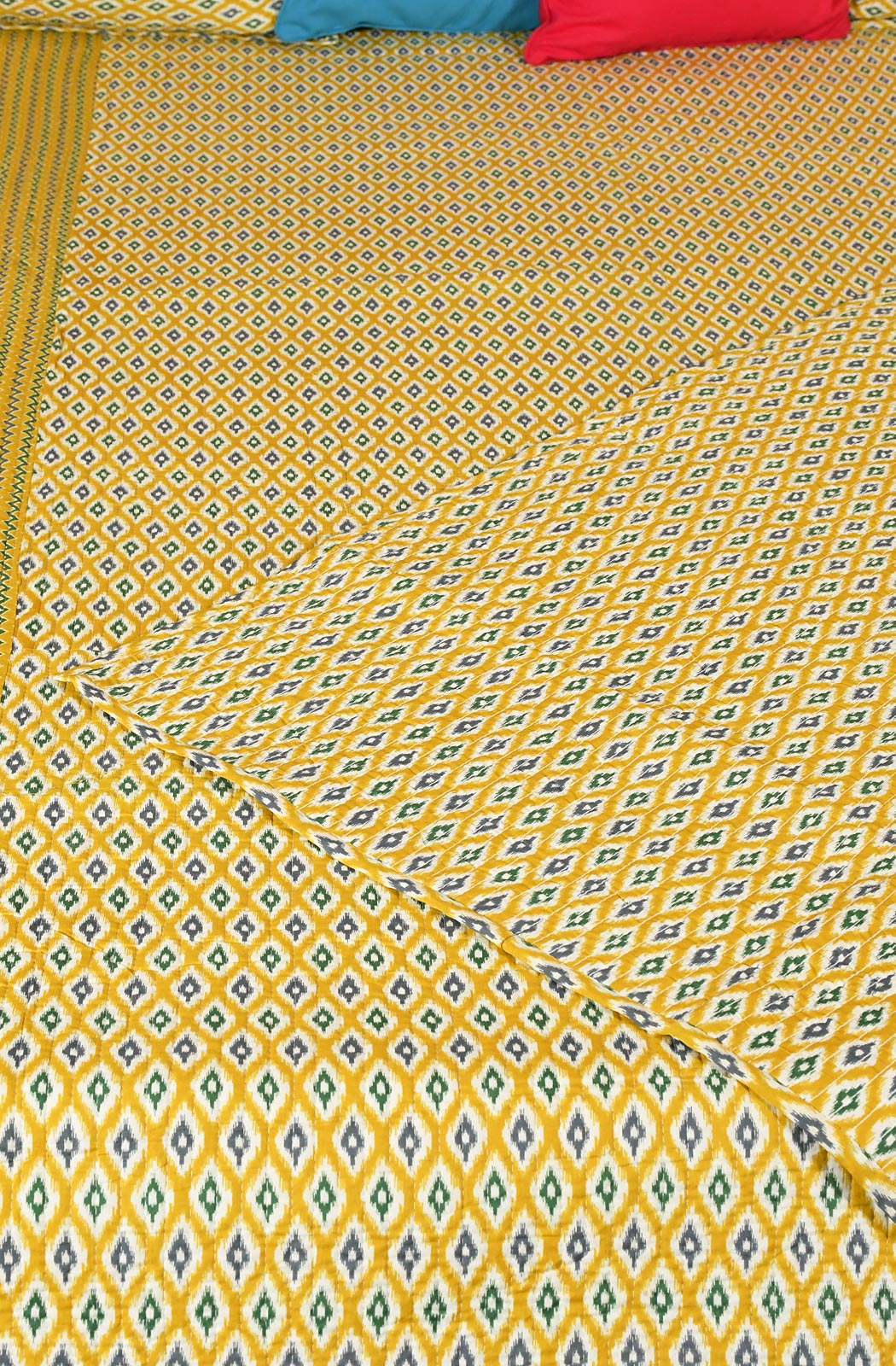 Yellow Floral Block Printed Cotton Double Bedcover