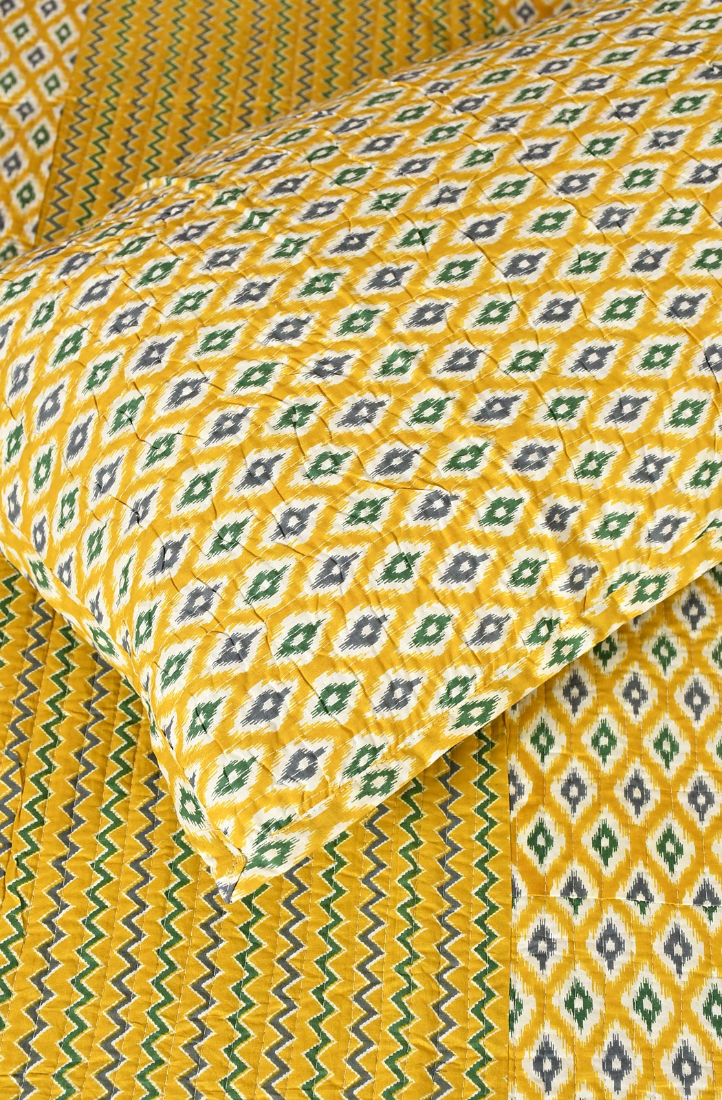 Yellow Floral Block Printed Cotton Double Bedcover