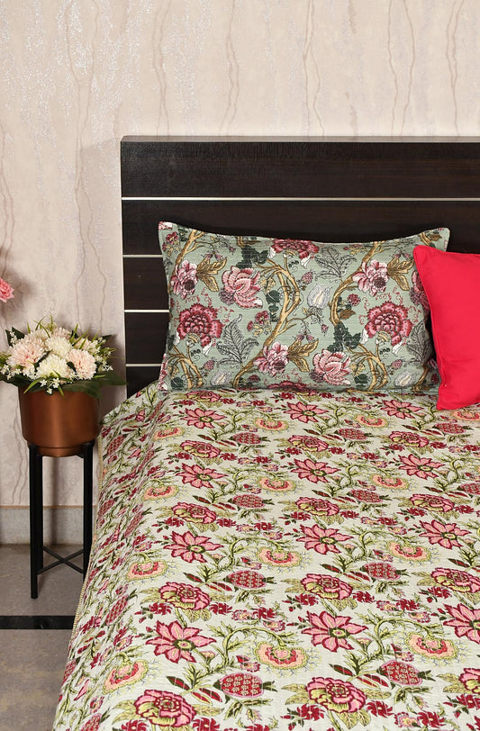 Sea Green Floral Block Printed Cotton Double Bedcover - Naksheband