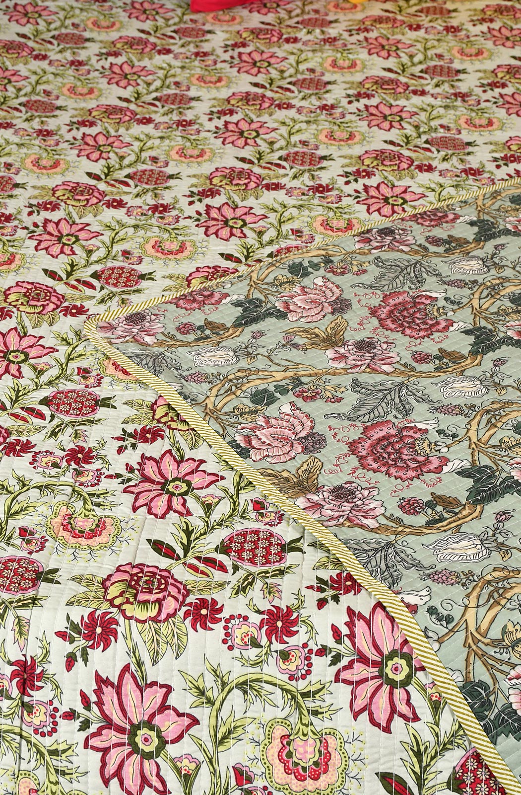 Sea Green Floral Block Printed Cotton Double Bedcover - Naksheband