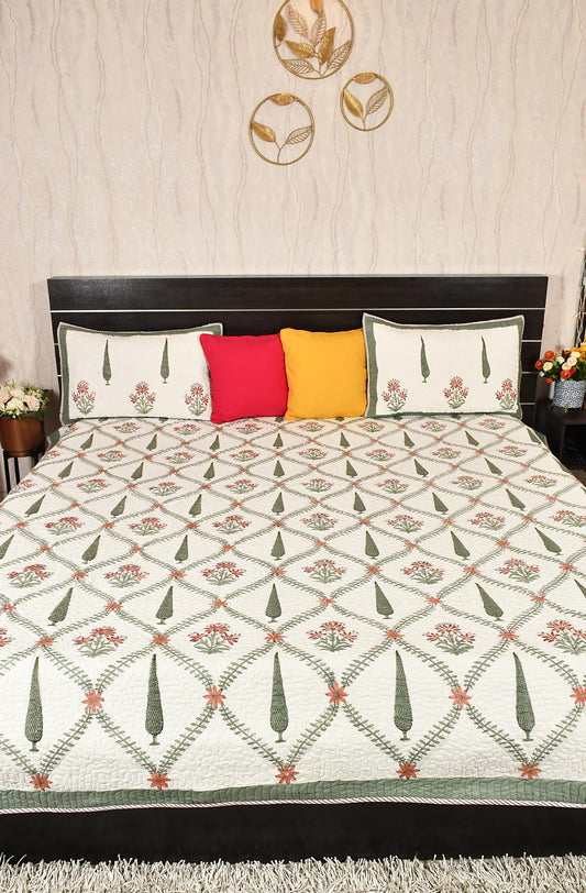 White Floral Block Printed Cotton Double Bedcover - Naksheband