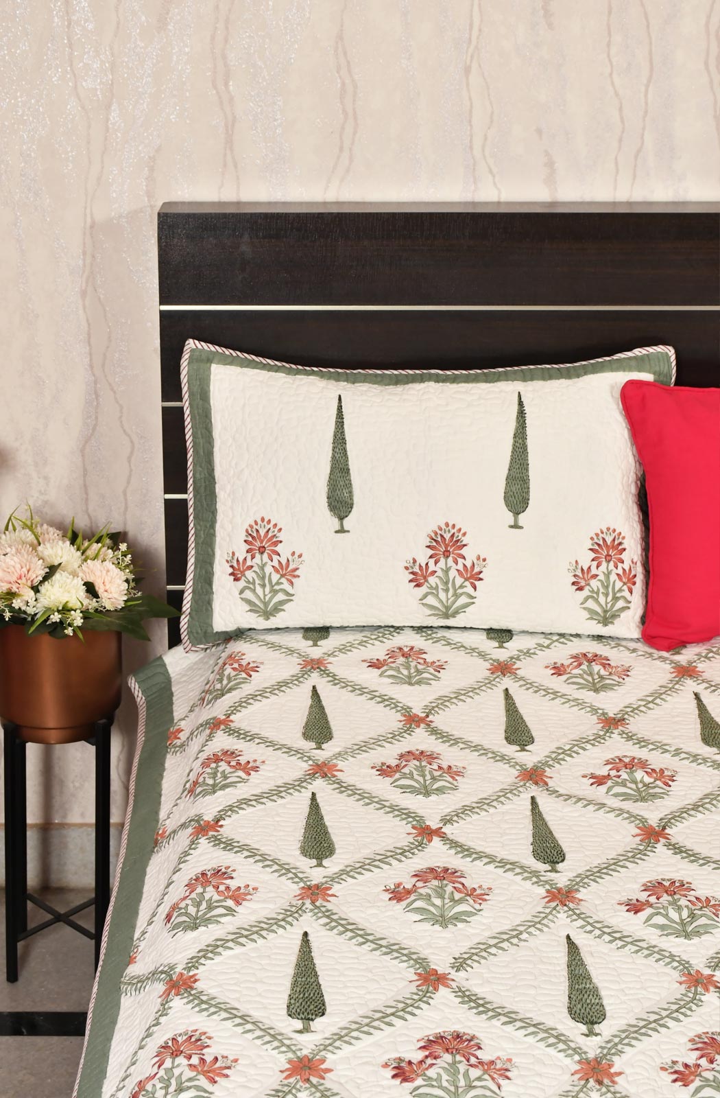 White Floral Block Printed Cotton Double Bedcover - Naksheband