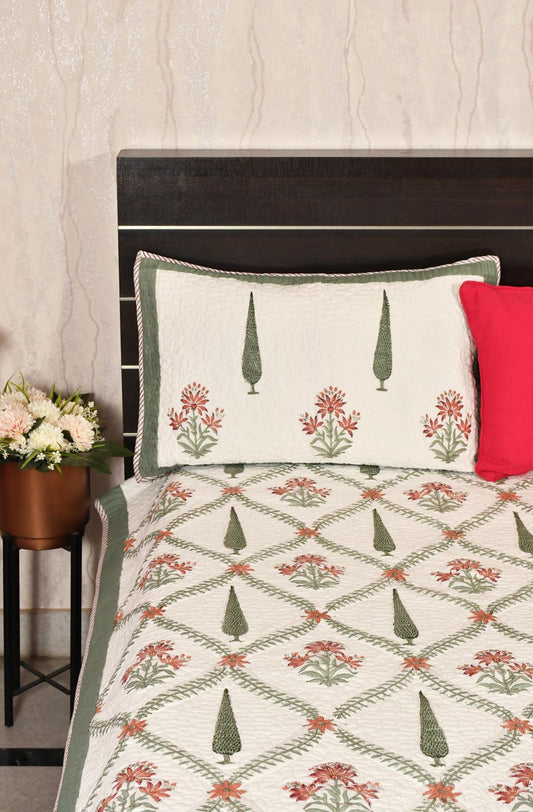 White Floral Block Printed Cotton Double Bedcover - Naksheband
