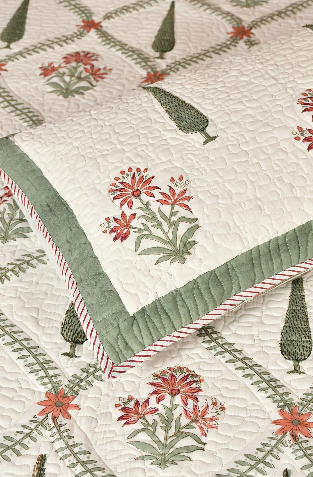 White Floral Block Printed Cotton Double Bedcover - Naksheband
