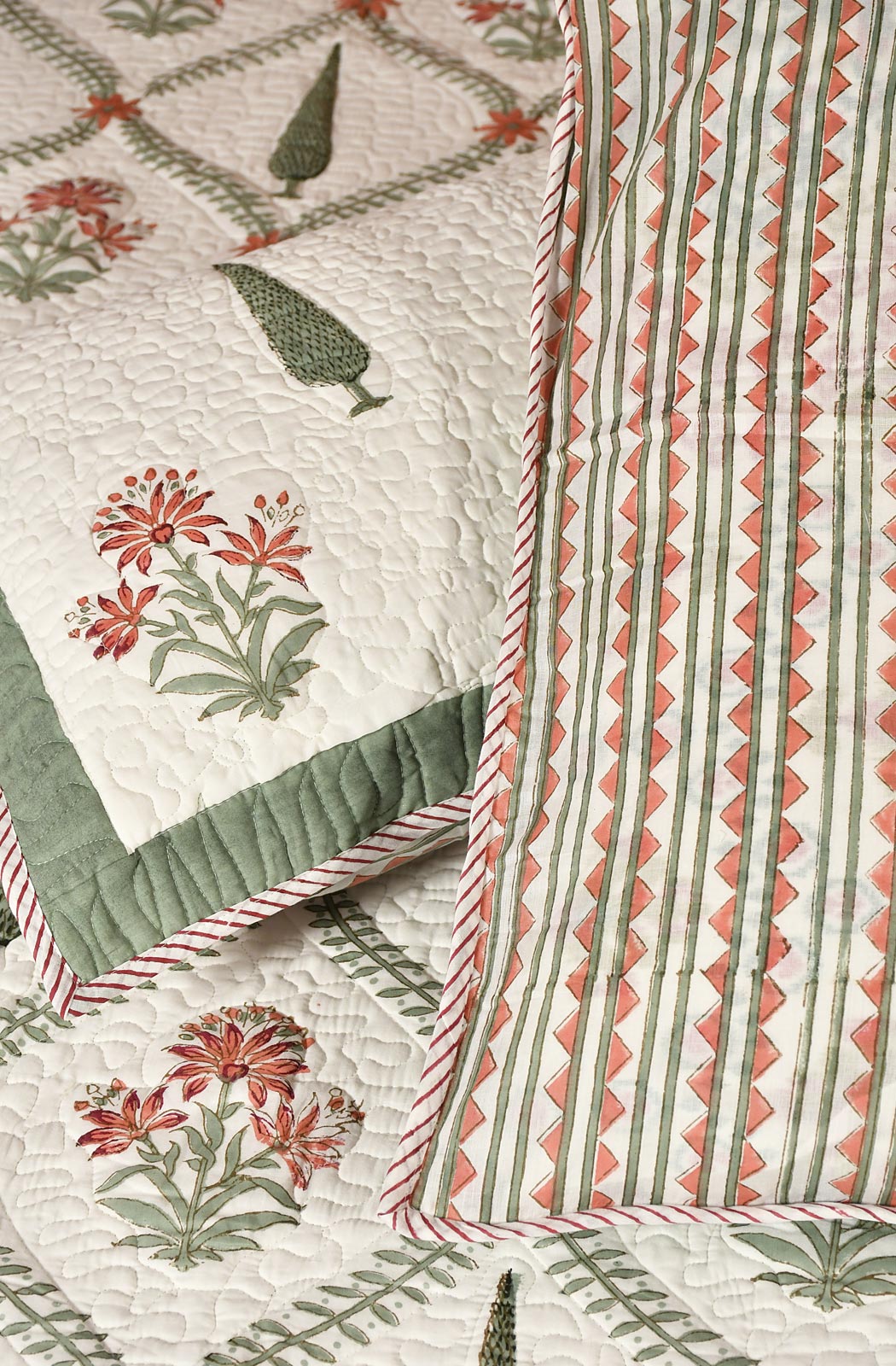 White Floral Block Printed Cotton Double Bedcover