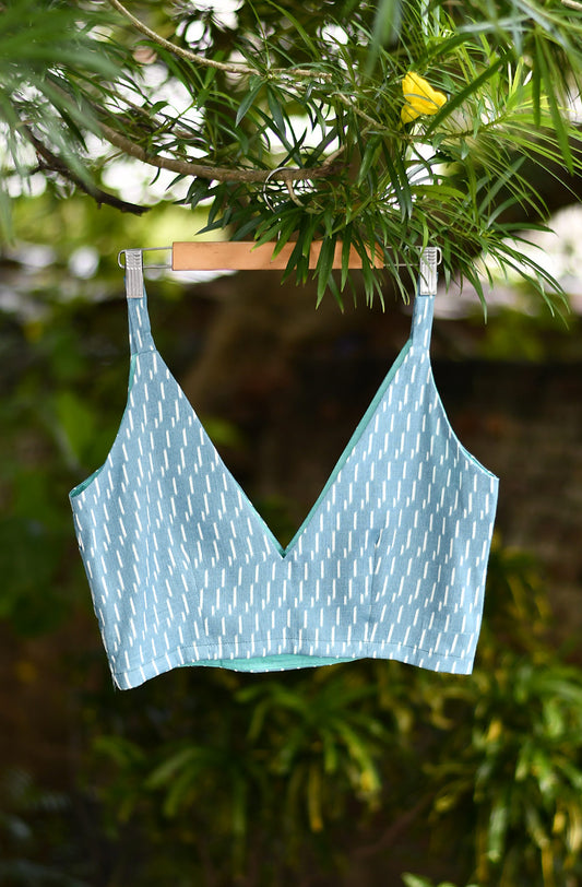 Teal Blue Ikkat Print Cotton Blouse - Naksheband