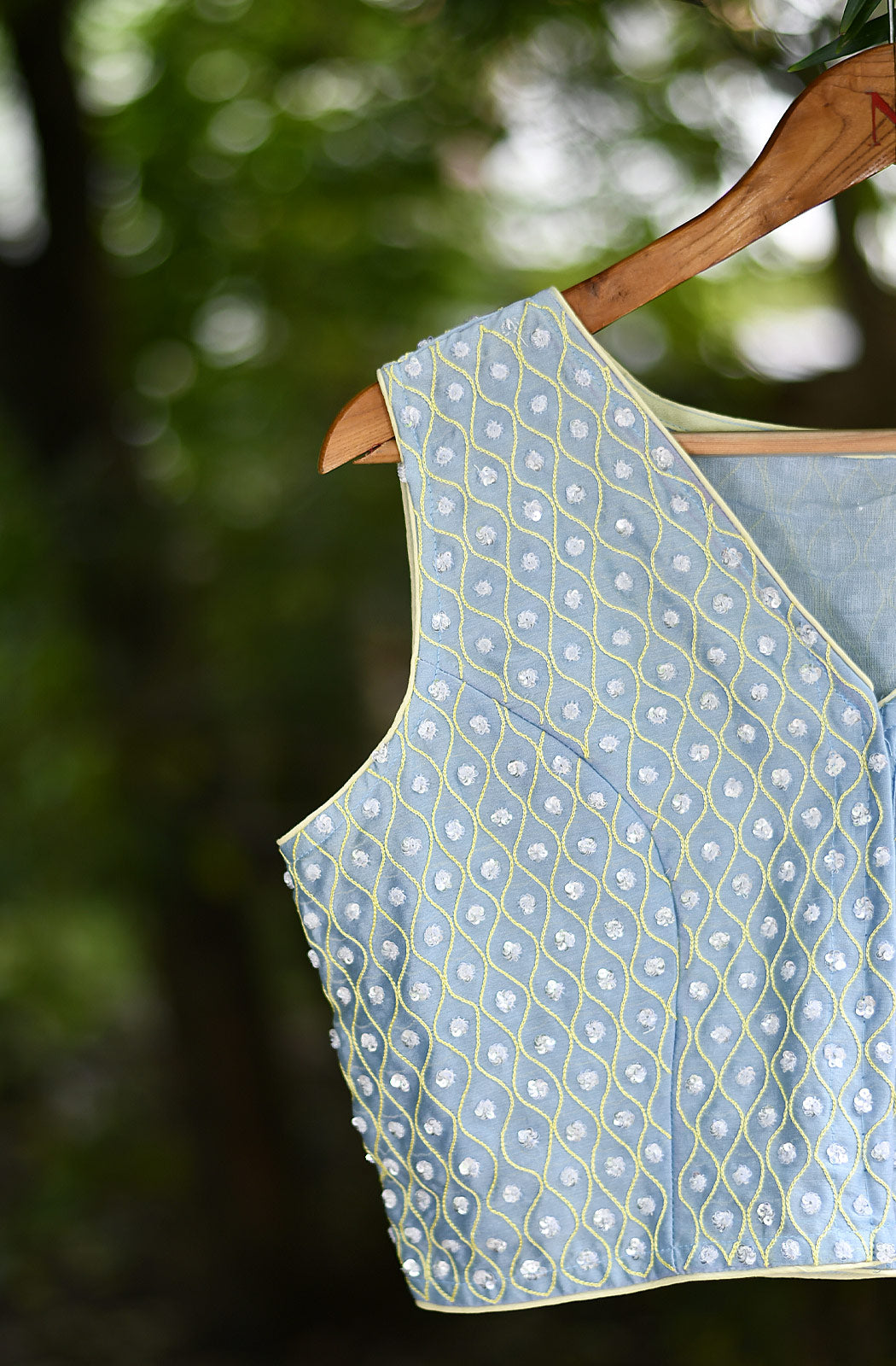 Pearl Blue Hand Embroidered Pure Silk Chanderi Blouse - Naksheband