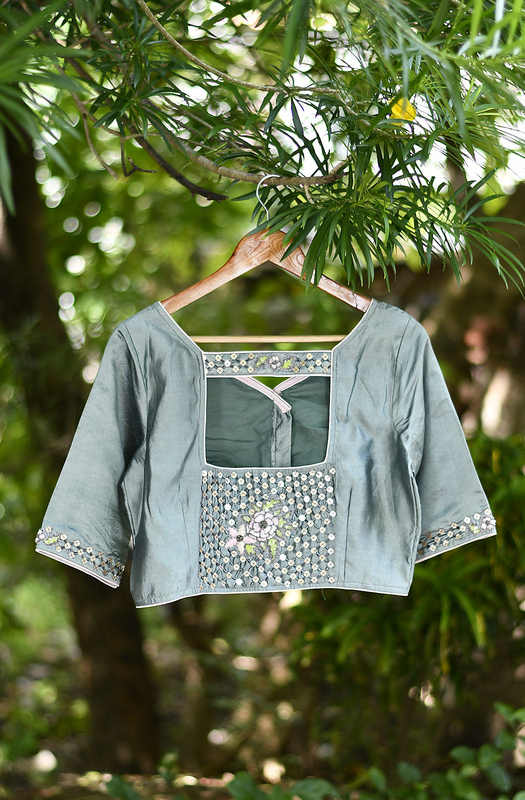 Light Grey Hand Embroidered Pure Silk Chanderi Blouse - Naksheband