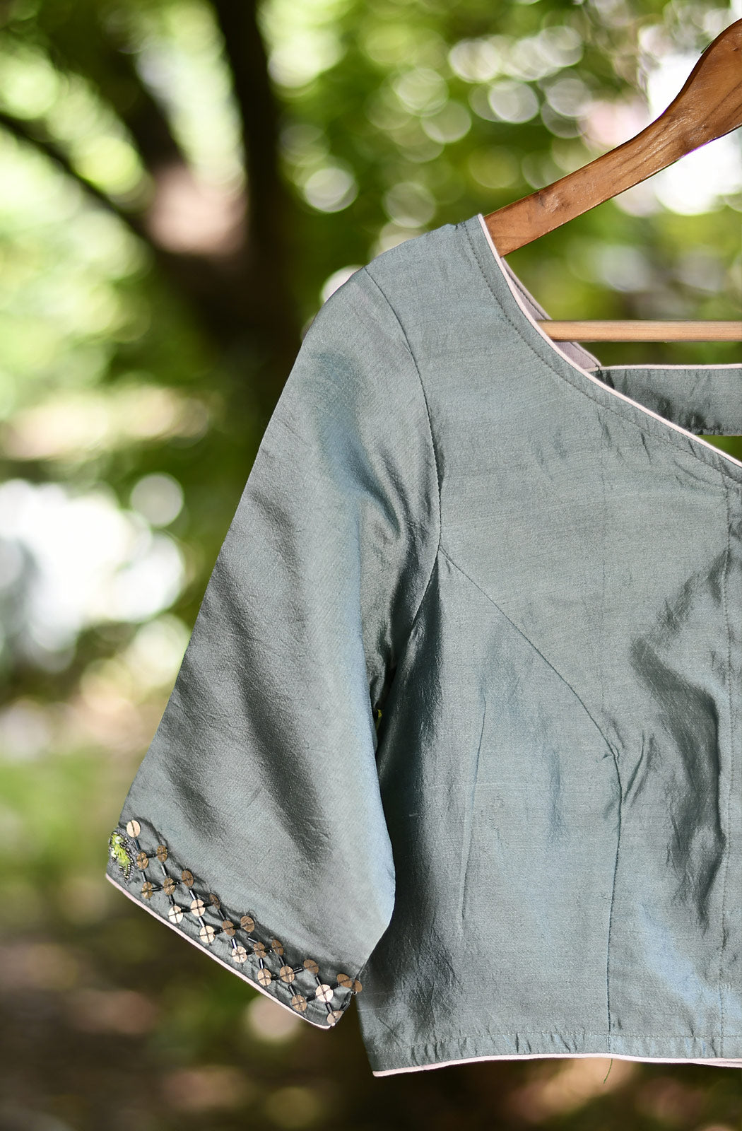 Light Grey Hand Embroidered Pure Silk Chanderi Blouse - Naksheband