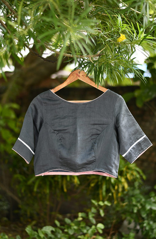 Grey Hand Embroidered Pure Silk Chanderi Blouse - Naksheband