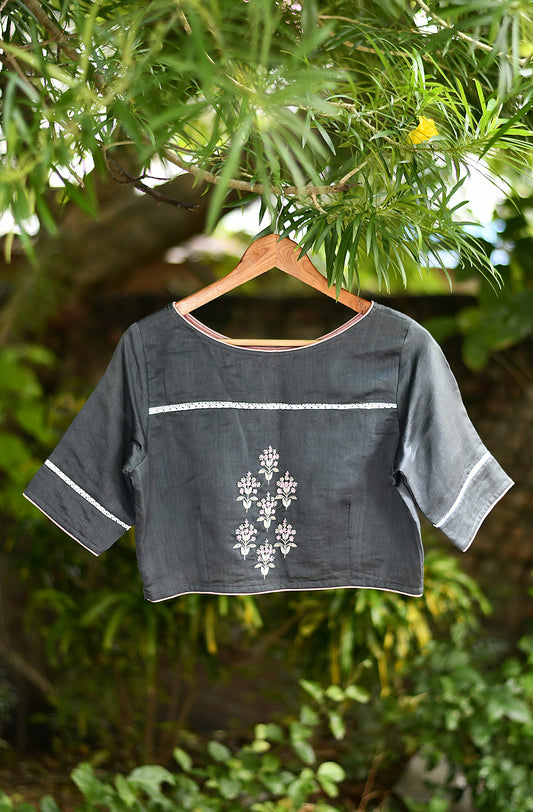 Grey Hand Embroidered Pure Silk Chanderi Blouse - Naksheband