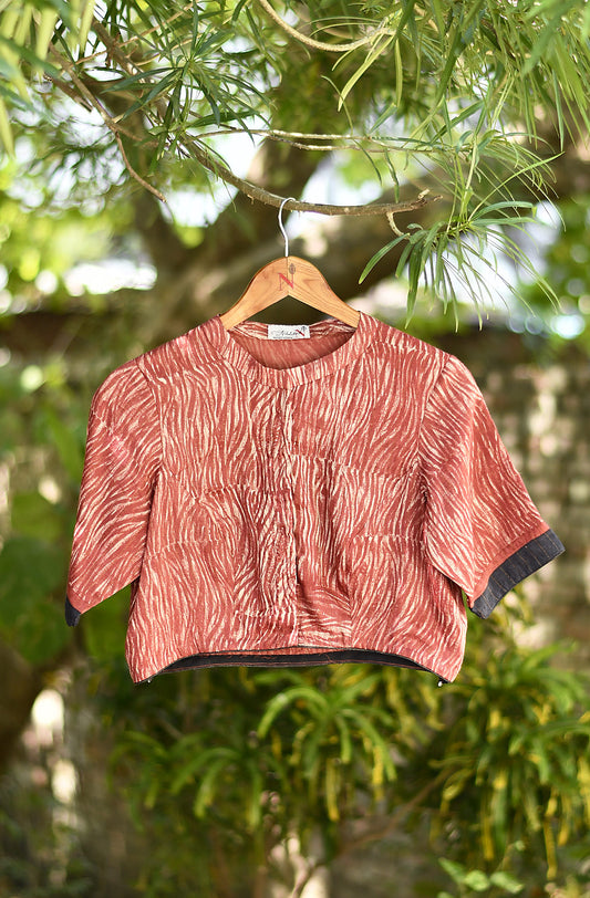 Rust Hand Block Tiger Print Pure Muga Silk Blouse - Naksheband
