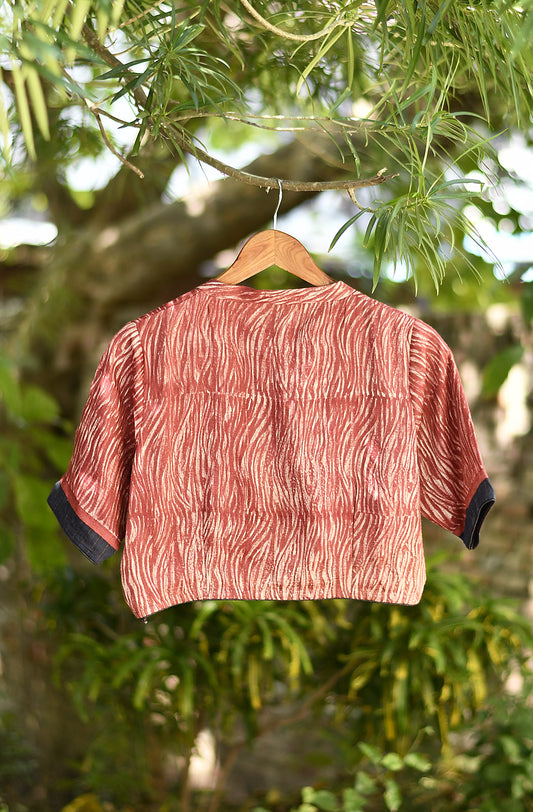 Rust Hand Block Tiger Print Pure Muga Silk Blouse - Naksheband