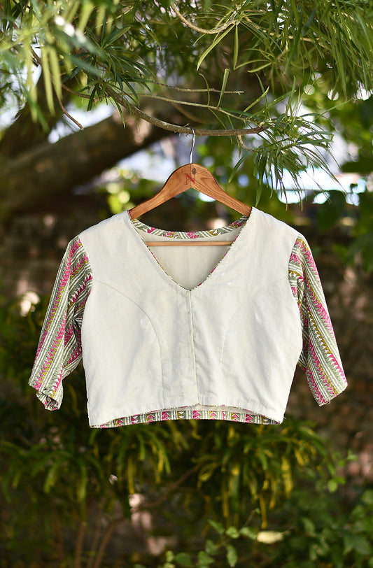 Light Mint Hand Embroidered Pure Silk Chanderi Blouse - Naksheband