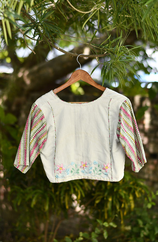 Light Mint Hand Embroidered Pure Silk Chanderi Blouse - Naksheband