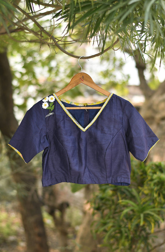 Navy Blue Pure Munga Hand Embroidered Blouse - Naksheband