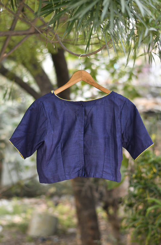 Navy Blue Pure Munga Hand Embroidered Blouse - Naksheband