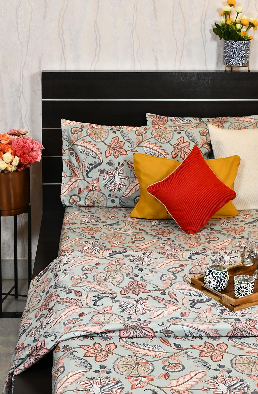Light Sea Green Floral Block Printed Double Bedsheet & Dohar - Naksheband