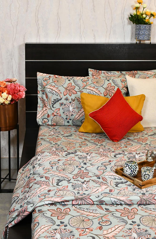 Light Sea Green Floral Block Printed Double Bedsheet & Dohar - Naksheband
