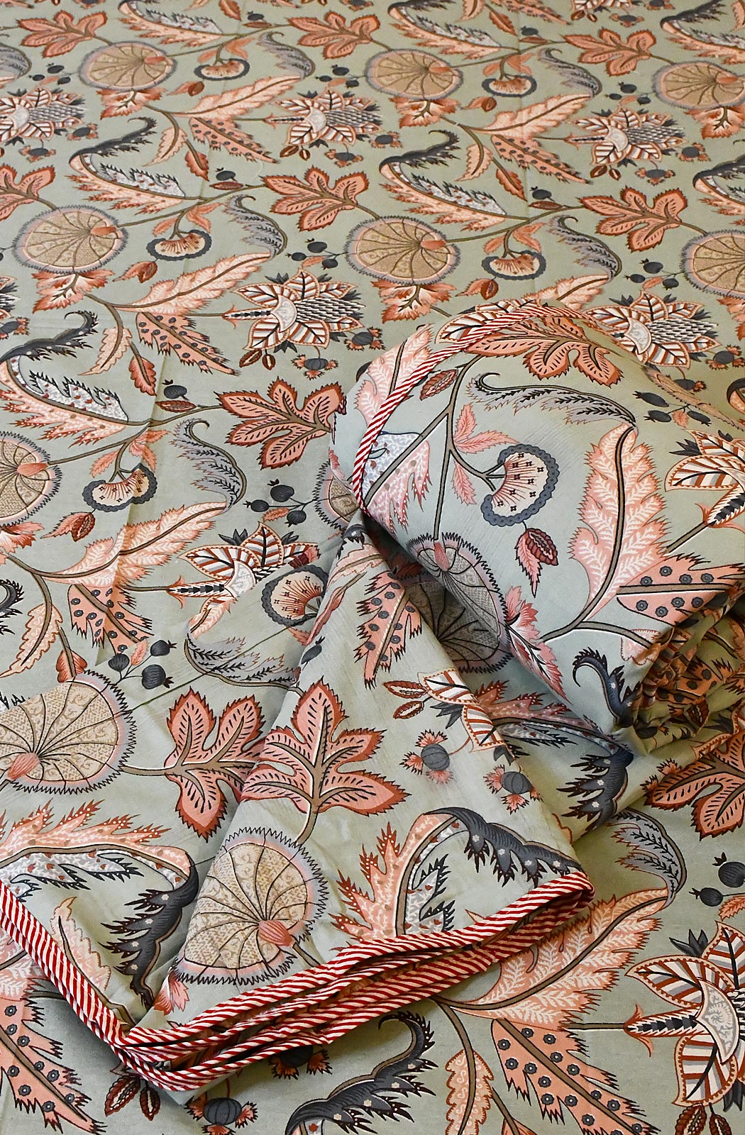 Light Sea Green Floral Block Printed Double Bedsheet & Dohar - Naksheband