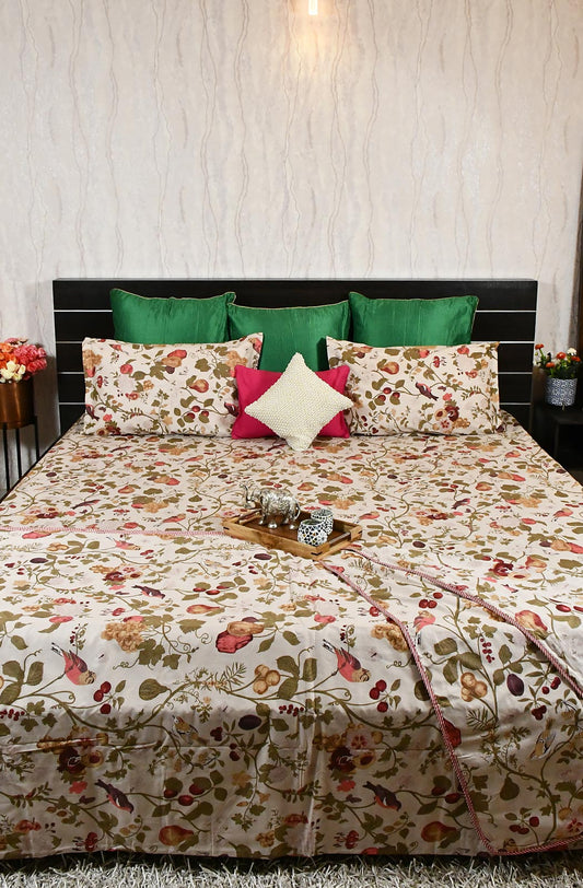 Beige Floral Block Printed Double Bedsheet & Dohar - Naksheband