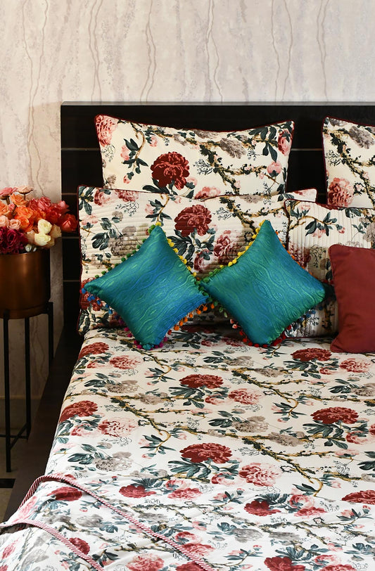 Off White Floral Block Printed Double Bedsheet & Dohar - Naksheband