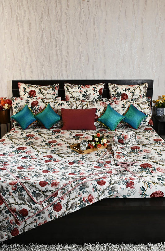 Off White Floral Block Printed Double Bedsheet & Dohar - Naksheband