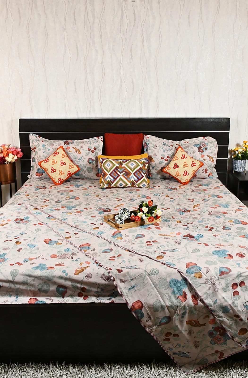 Beige Floral Block Printed Cotton Double Bedsheet & Dohar - Naksheband