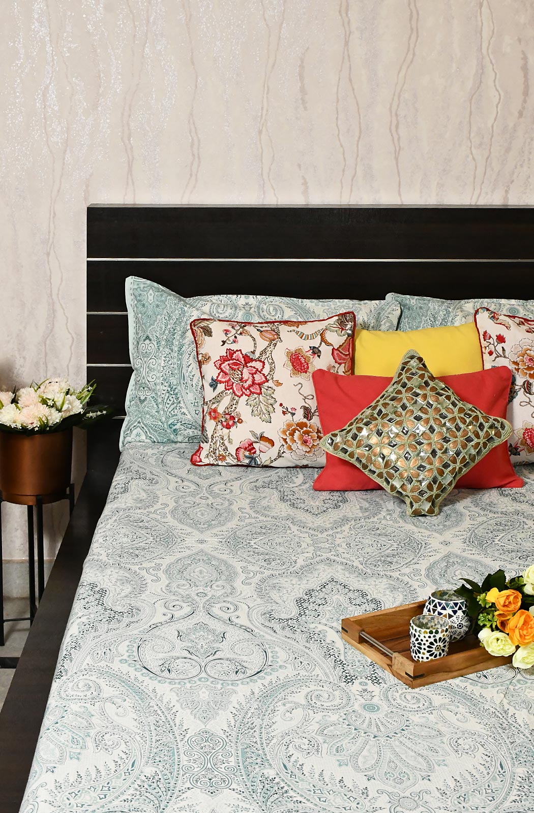 Sea Green Floral Block Printed Double Bedsheet - Naksheband