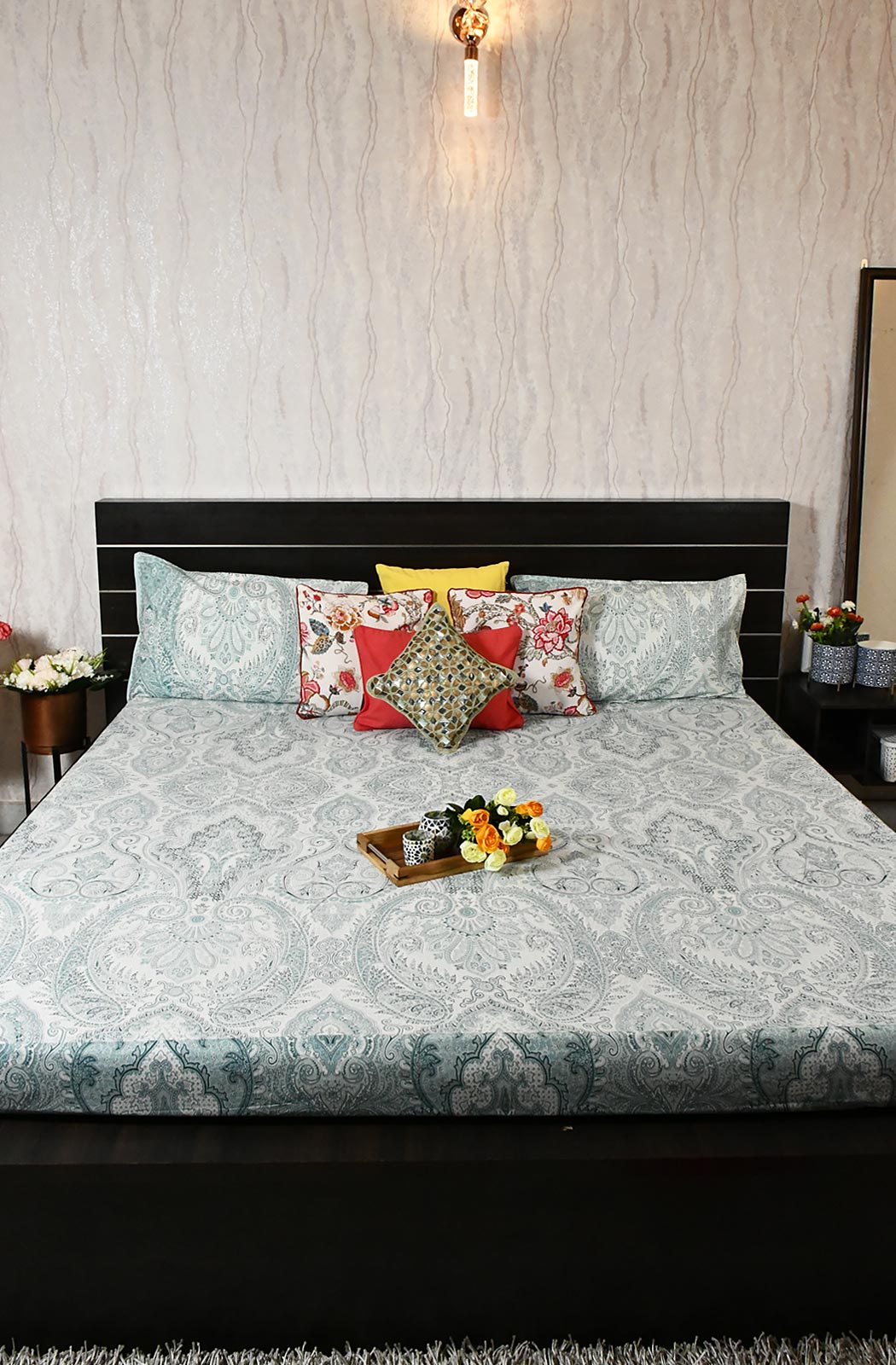 Sea Green Floral Block Printed Double Bedsheet - Naksheband