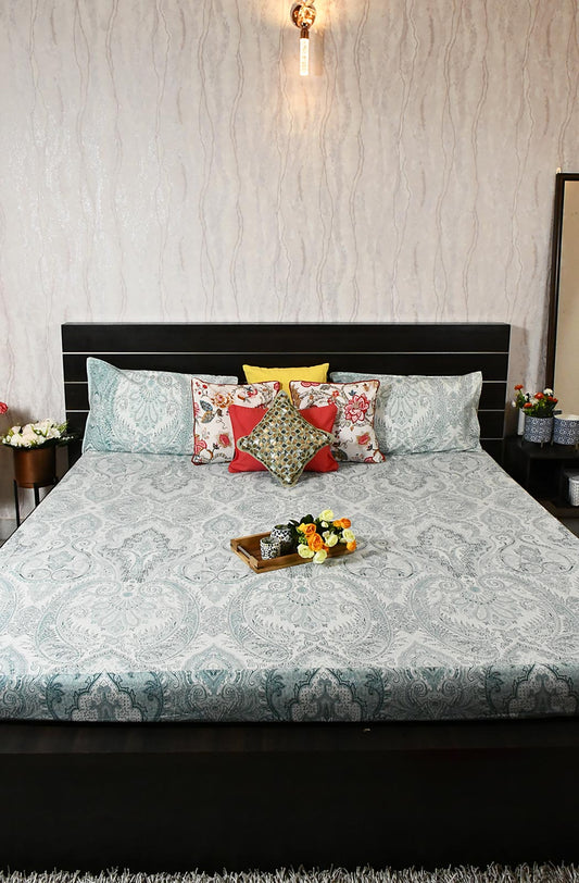Sea Green Floral Block Printed Double Bedsheet - Naksheband