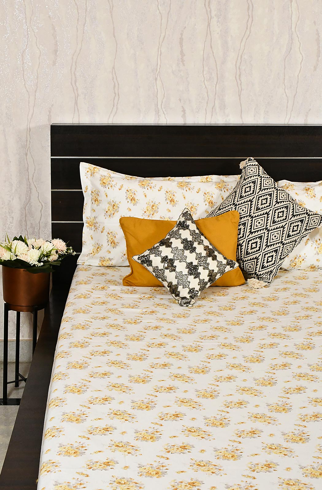 White and Yellow Floral Block Printed Double Bedsheet - Naksheband