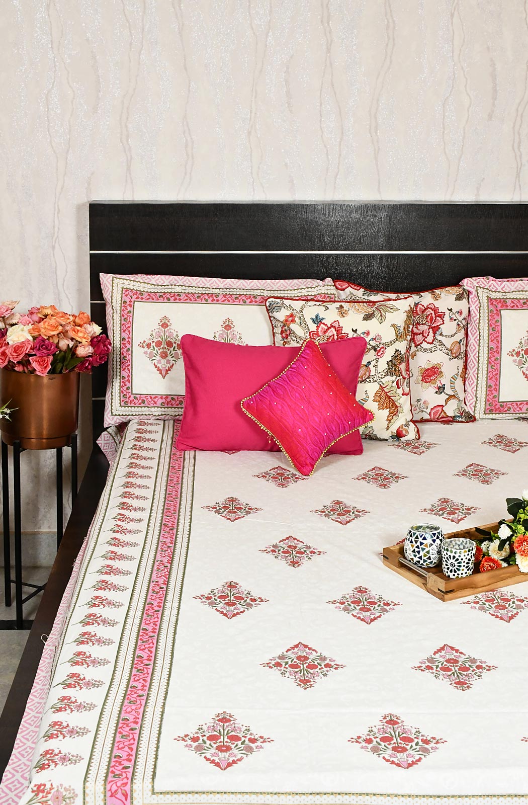 White Floral Block Printed Double Bedsheet - Naksheband