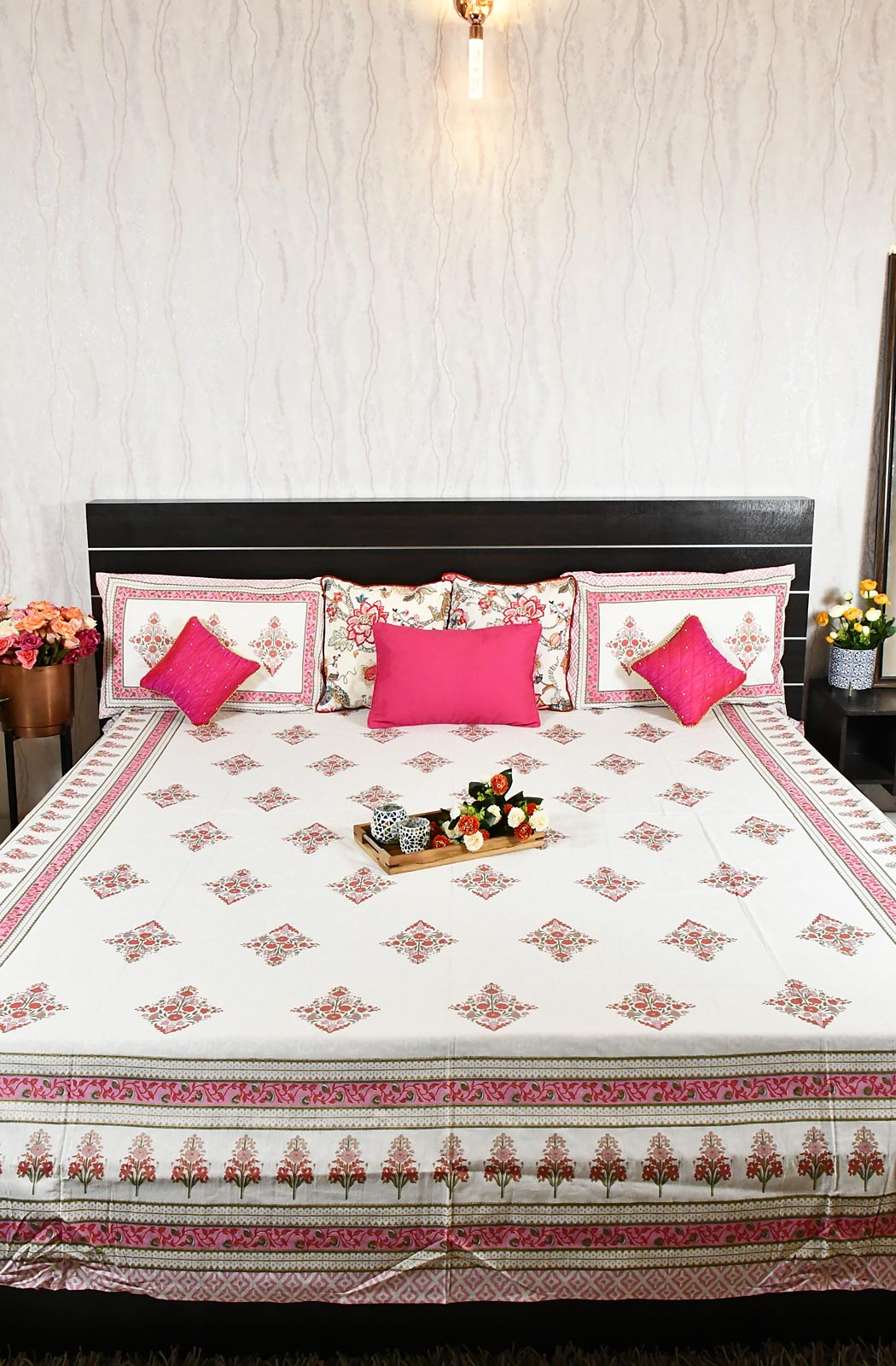 White Floral Block Printed Double Bedsheet - Naksheband