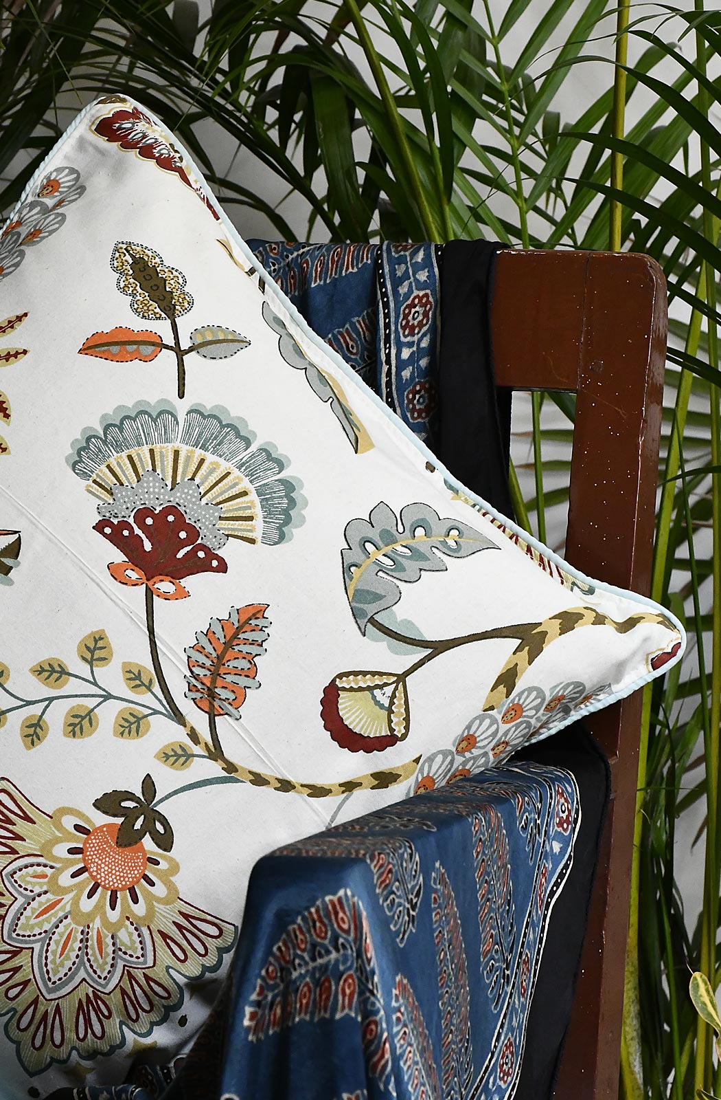 White Floral Hand Printed Cotton 16x16 Cushion Covers