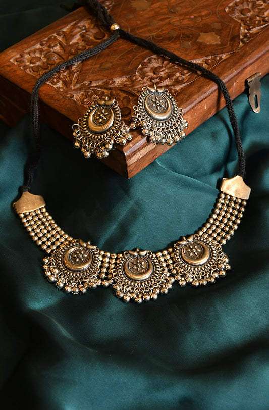 Chandrama Oxidised Necklace with Earring - Naksheband