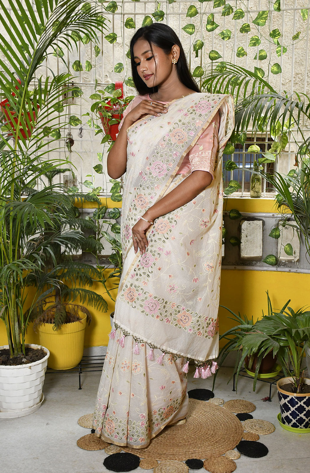 Off White Kota Check Embroidered Saree