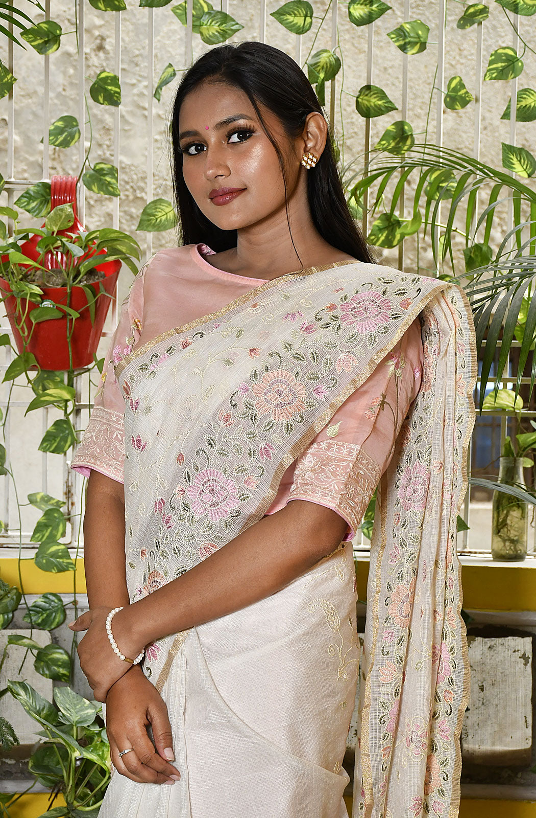 Off White Kota Check Embroidered Saree - Naksheband